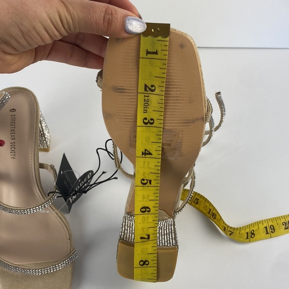 NWT Beige tan cream block heel rhinestone bejewelled ankle wrap heels size 6 - Picture 8 of 8